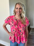 Pink Floral Tie-Front Babydoll Top(188)
