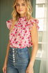 Pink/Red Floral Ruffled Sleeve Top(W782)