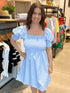 Blue Stripe Puff Sleeve Dress(621)